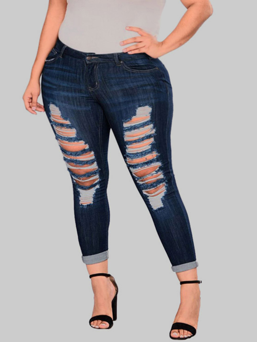 

Lovely Casual Broken Holes Blue Plus Size Jeans