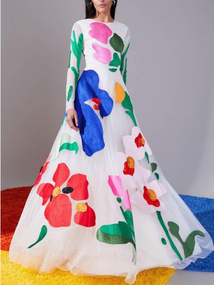 

lovely Temperament O Neck Plants Print White Maxi Dress