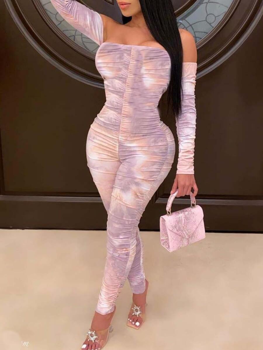 

lovely Stylish Dew Shoulder Tie-dye Light Purple One-piece Jumpsuit