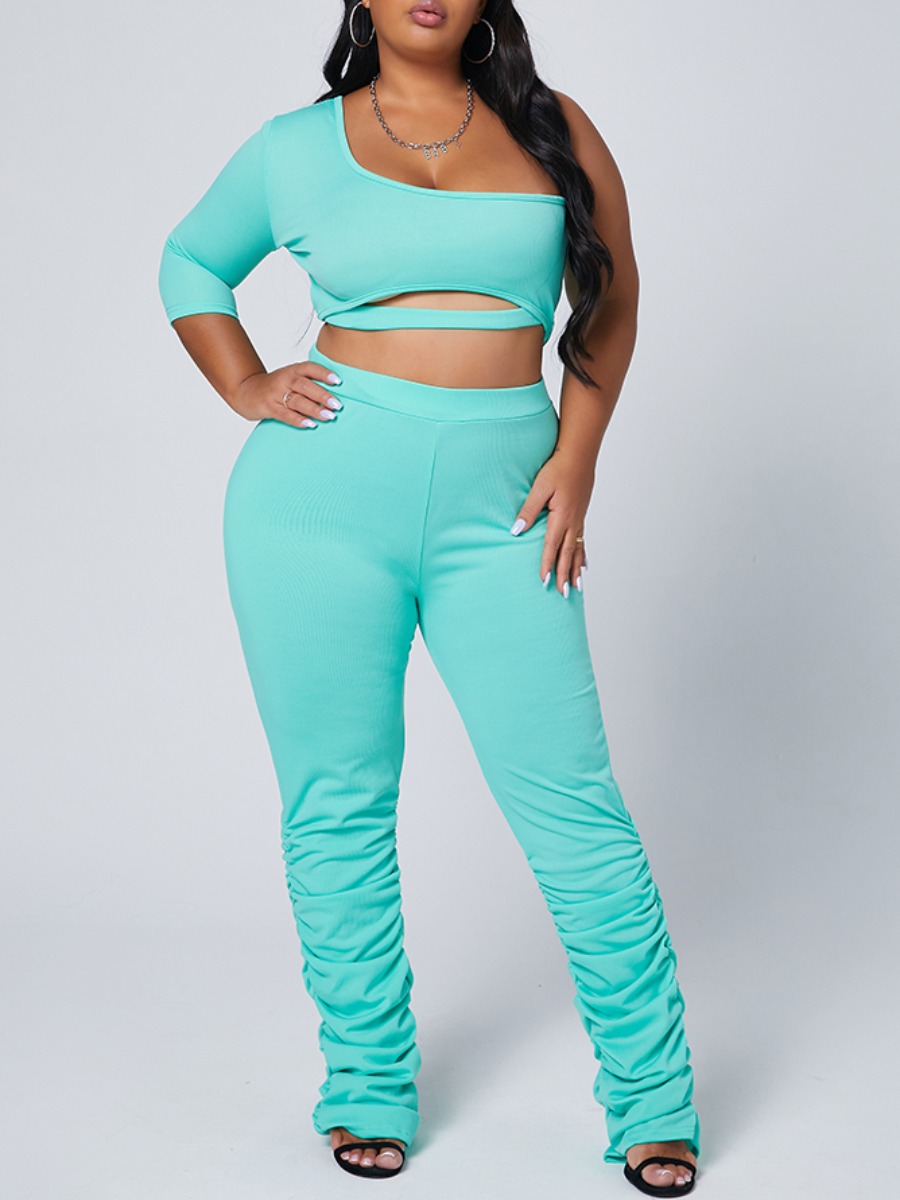 

lovely Sportswear One Shoulder Hollow-out Blue Plus Size Two-piece Pants Set