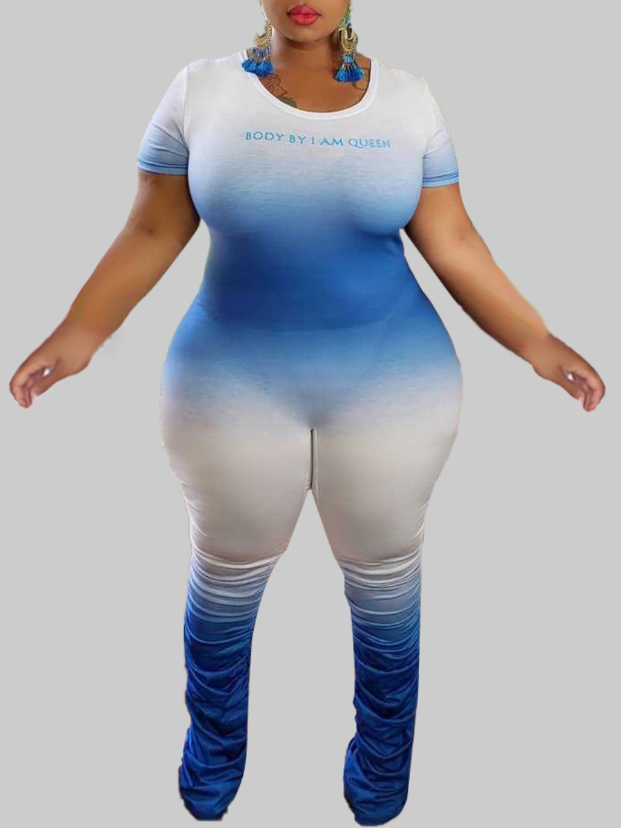 

lovely Sportswear O Neck Gradient Fold Design Blue Plus Size One-piece Jumpsuit