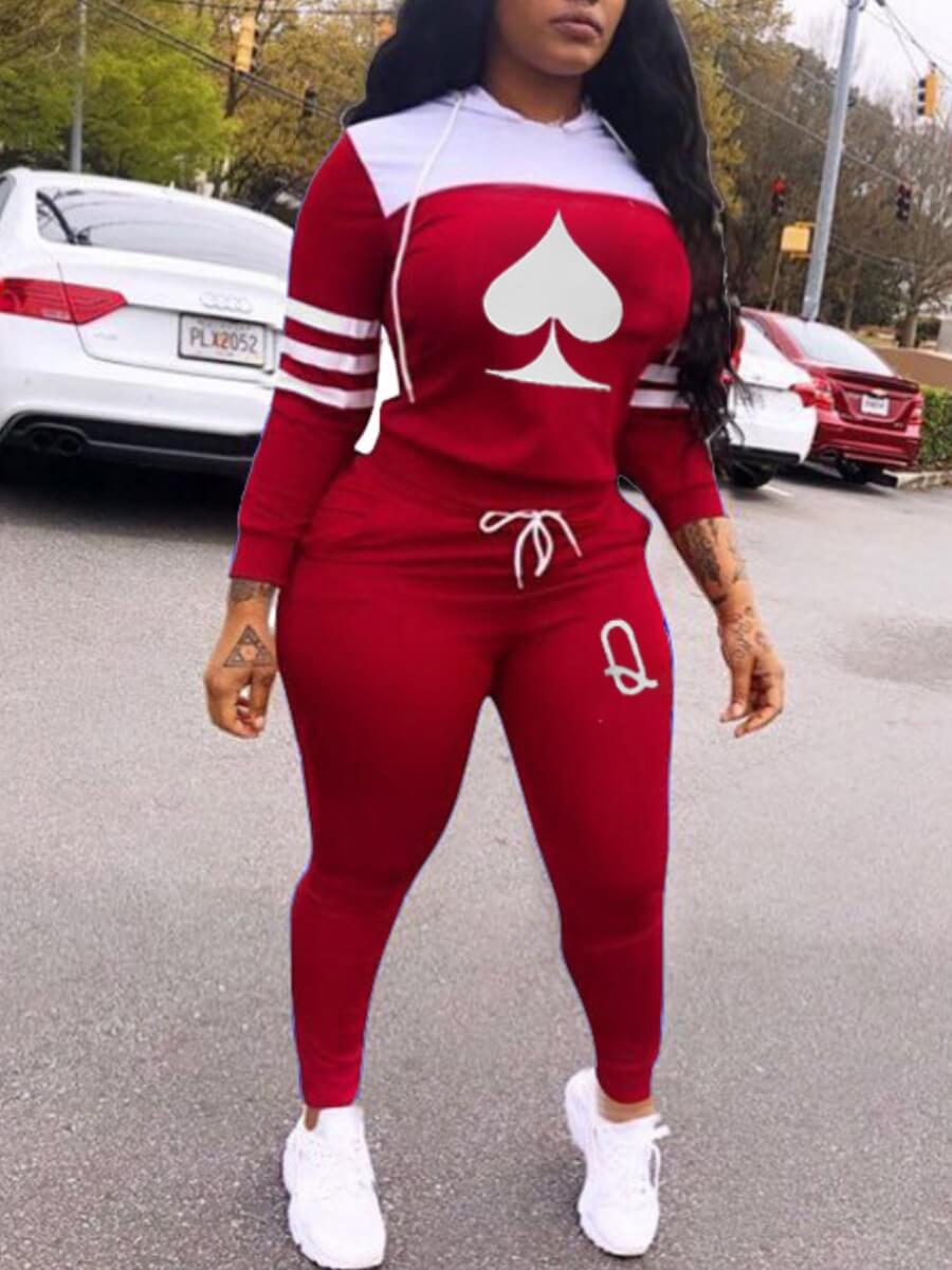 

Lovely Leisure Hooded Collar Print Patchwork Red Two Piece Pants Set