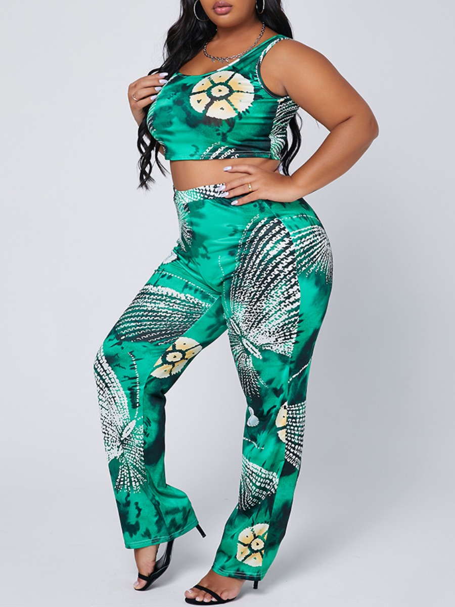 

lovely Trendy Sleeveless Butterfly Print Green Plus Size Two-piece Pants Set