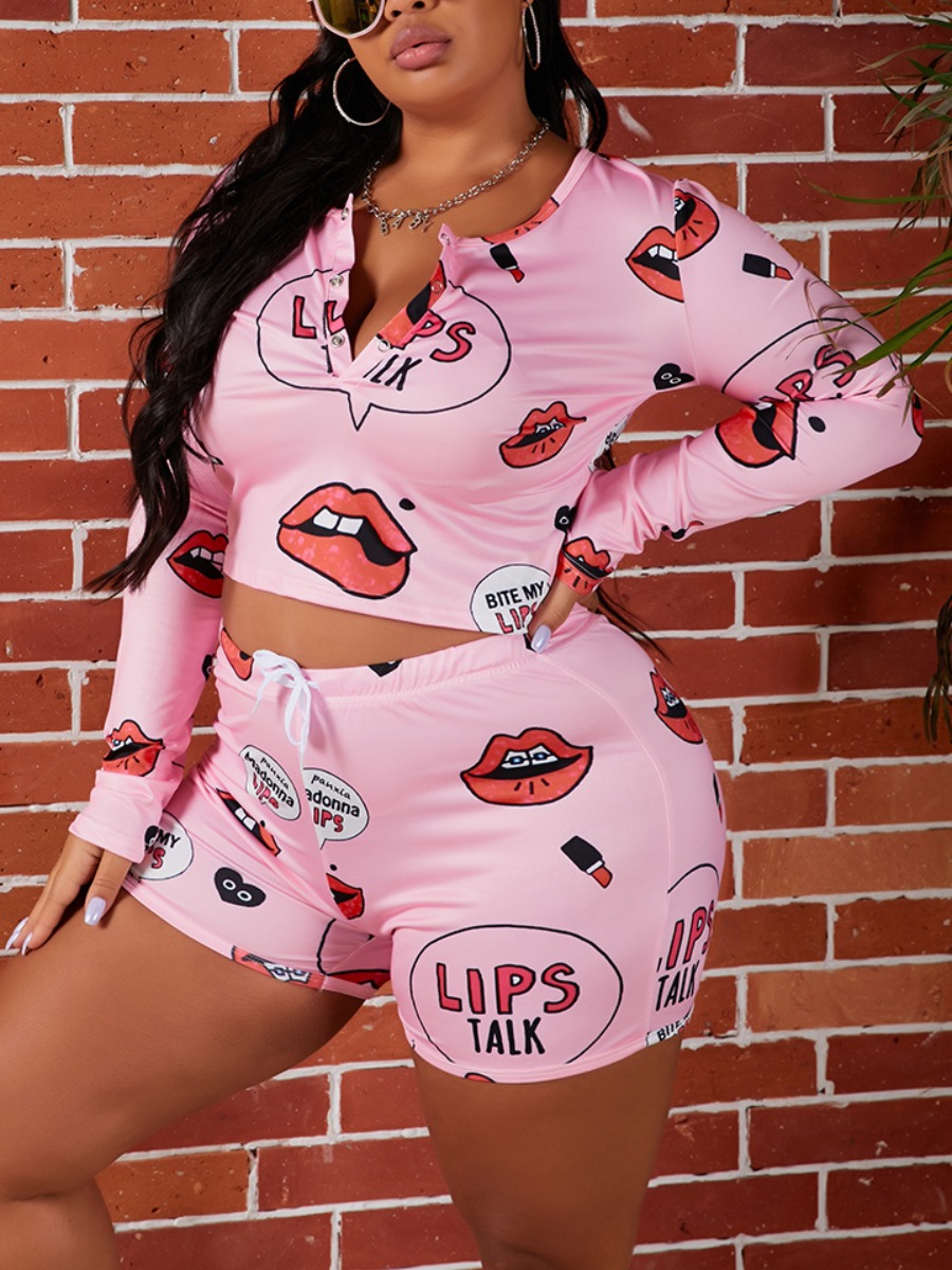 

lovely Sportswear Lip Print Pink Plus Size Two-piece Shorts Set