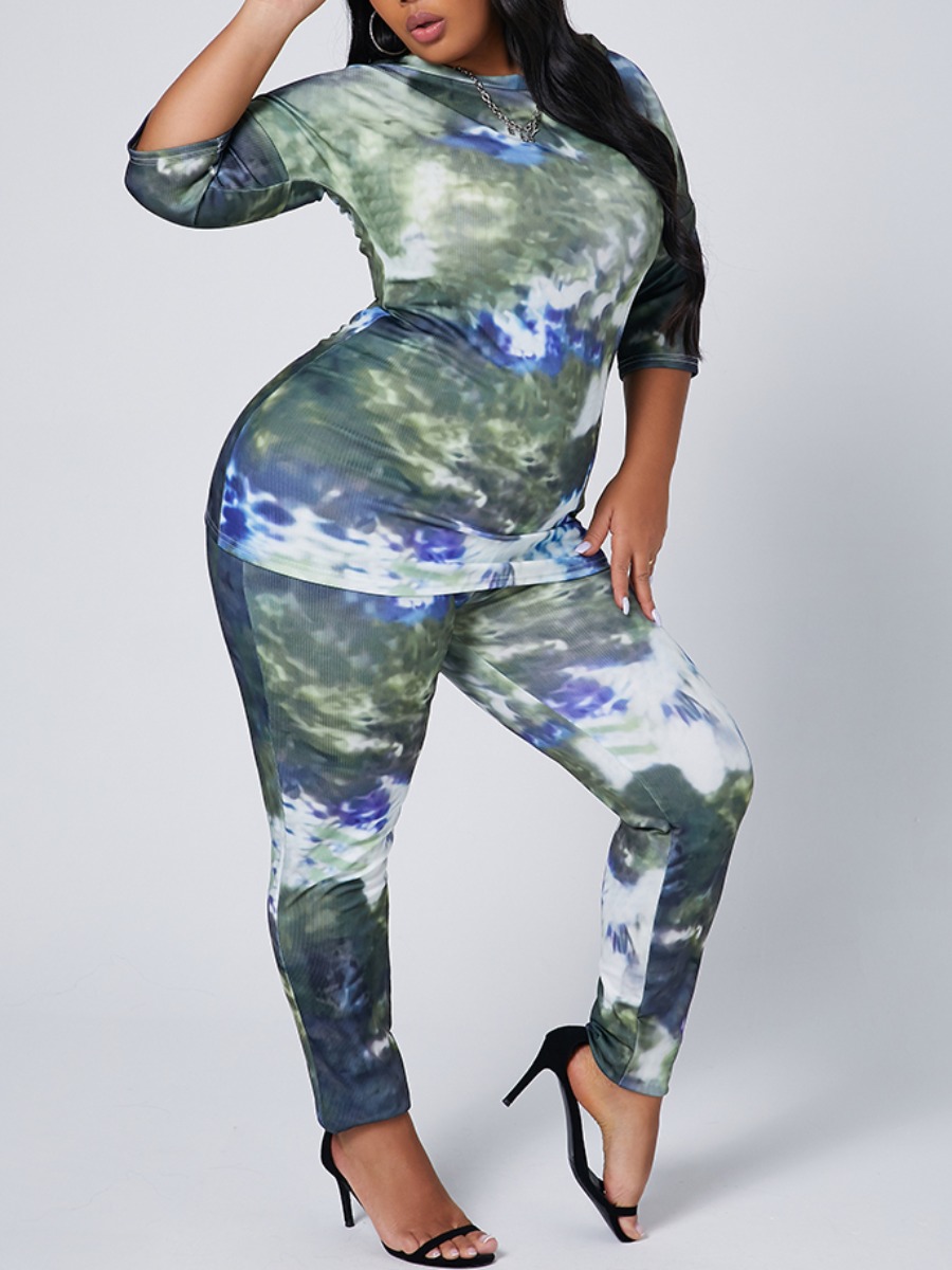 

lovely Casual O Neck Tie-dye Green Plus Size Two-piece Pants Set