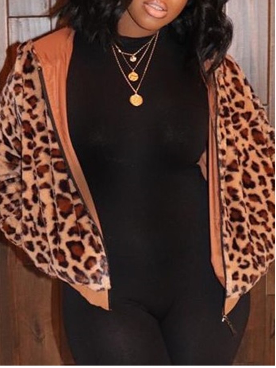 

lovely Trendy Hooded Collar Zipper Design Leopard Print Brown Coat