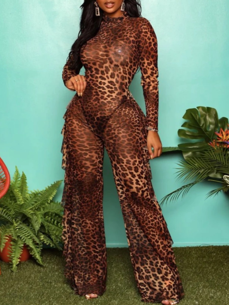 

lovely Stylish Flounce Design Leopard Print One-piece Jumpsuit