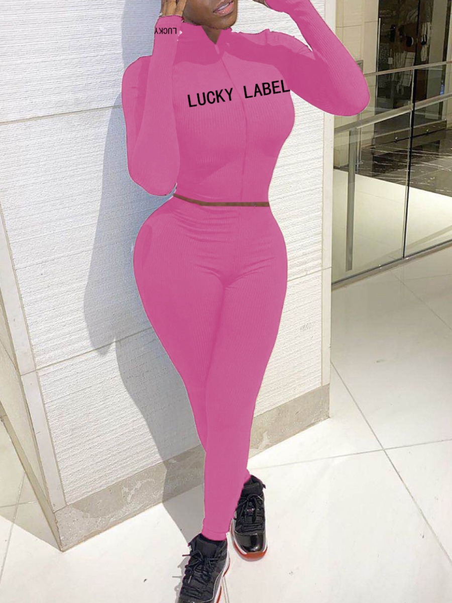 

lovely Casual Letter Print Zipper Design Rose Red Two Piece Pants Set