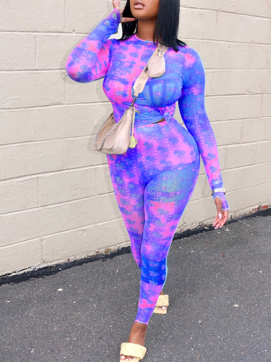 

lovely Trendy O Neck Tie Dye Purple Two Piece Pants Set
