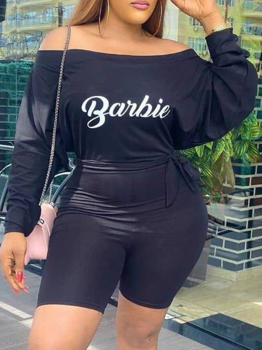

lovely Sportswear Dew Shoulder Letter Print Black One-piece Romper