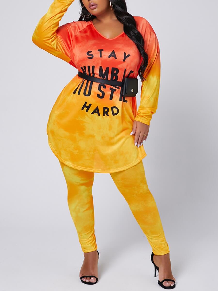 

Lovely Casual V Neck Letter Print Yellow Plus Size Two-piece Pants Set