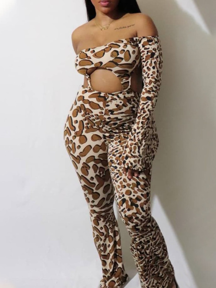 

lovely Trendy Dew Shoulder Leopard Print Hollow-out One-piece Jumpsuit