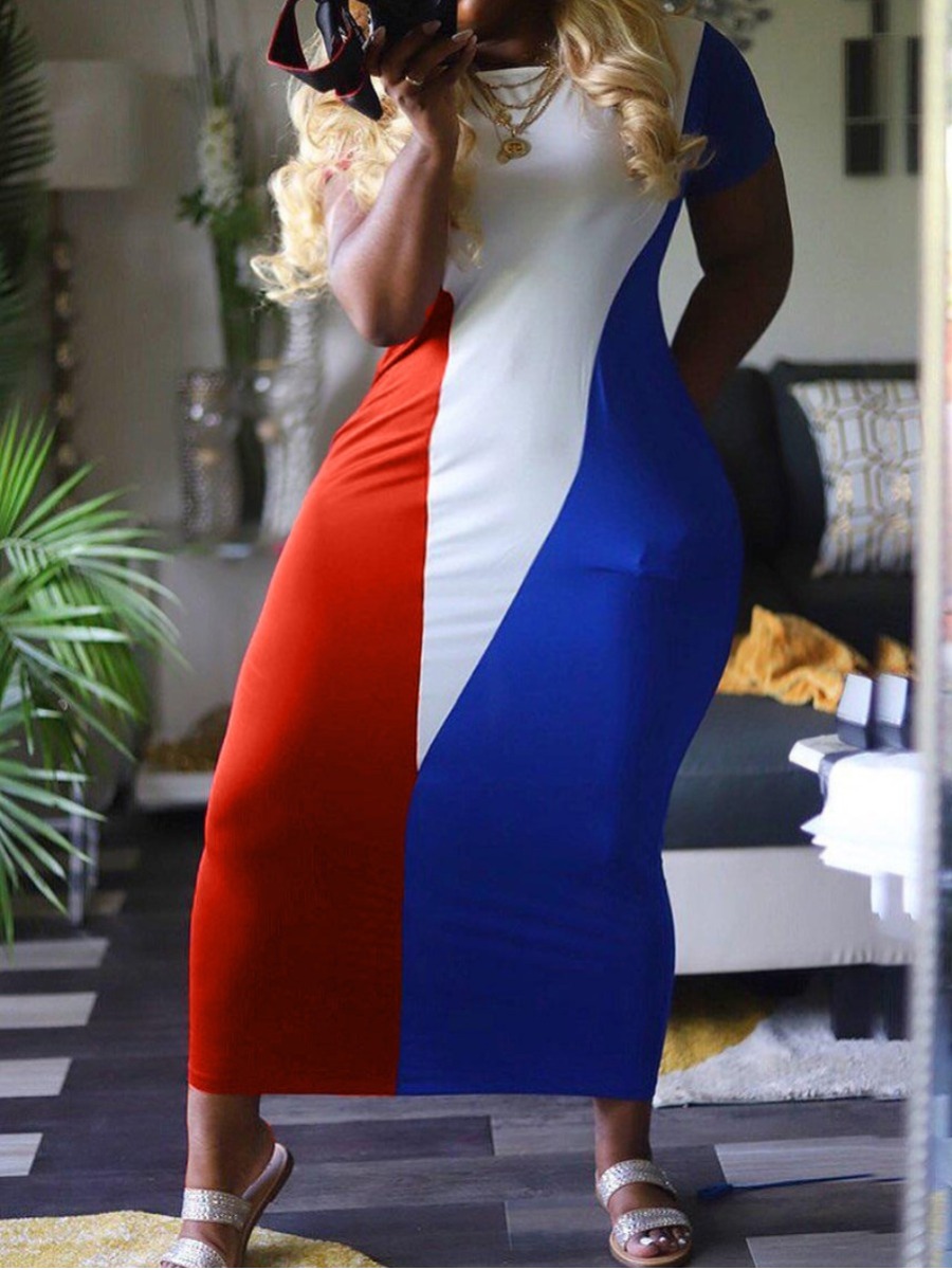 

lovely Trendy O Neck Color-lump Patchwork Multicolor Ankle Length Dress, Multi