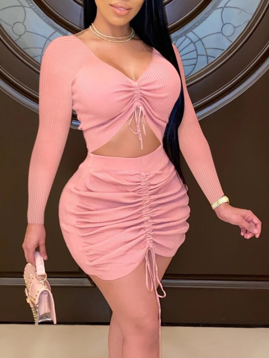 

Lovely Trendy V Neck Fold Design Hollow-out Pink Mini Dress