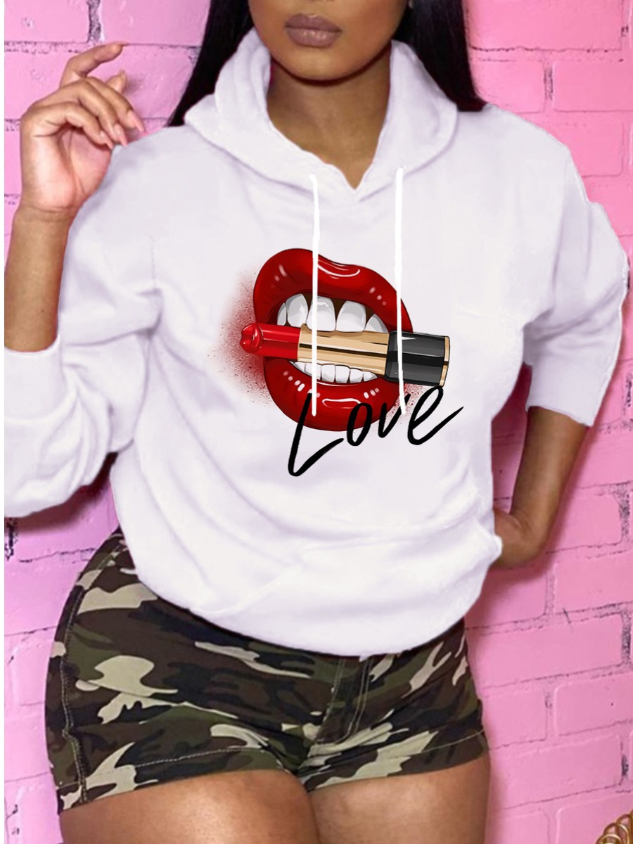 

Lovely Casual Hooded Collar Lip Print White Hoodie