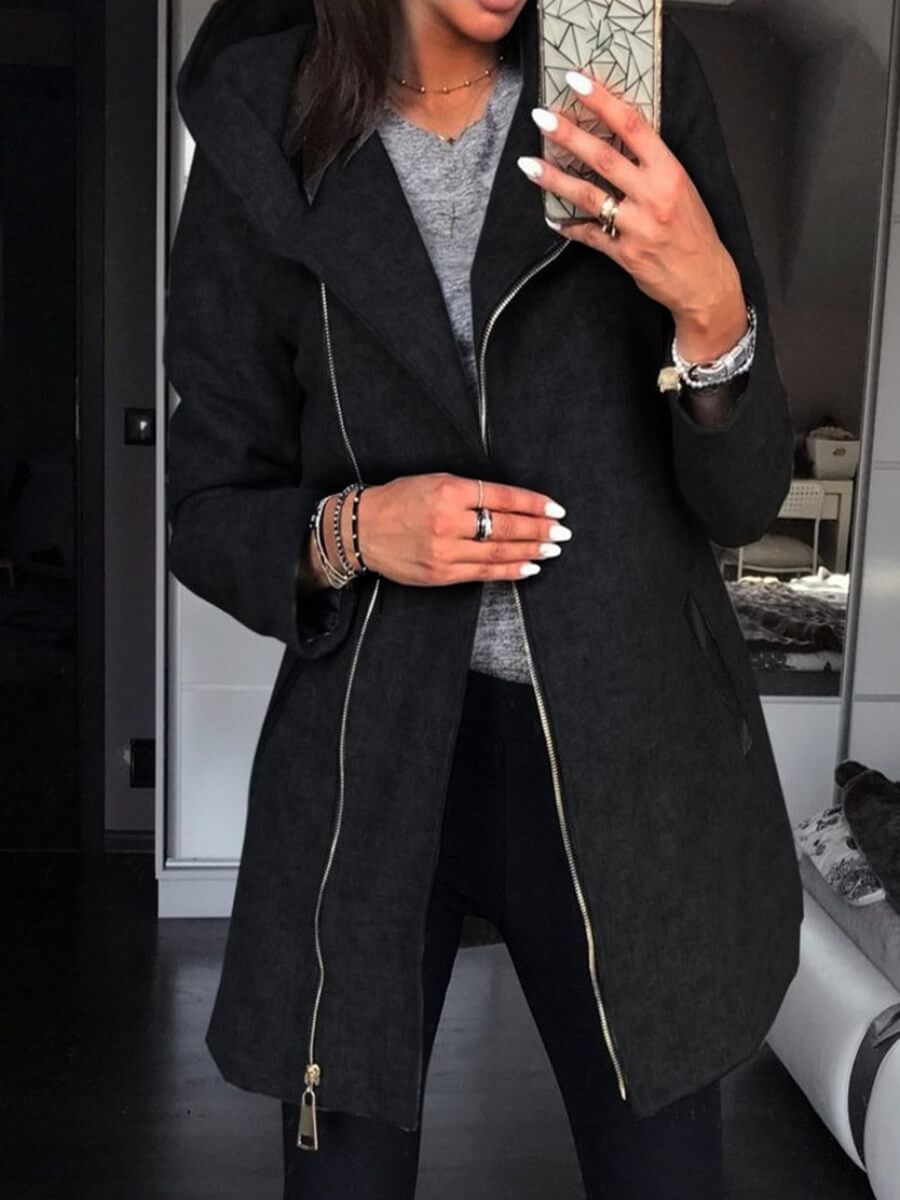 

Lovely Casual Hooded Collar Zipper Design Black Long Coat