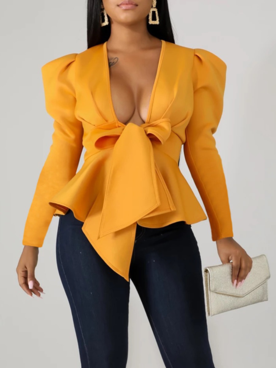 

lovely Stylish V Neck Flounce Design Yellow Coat