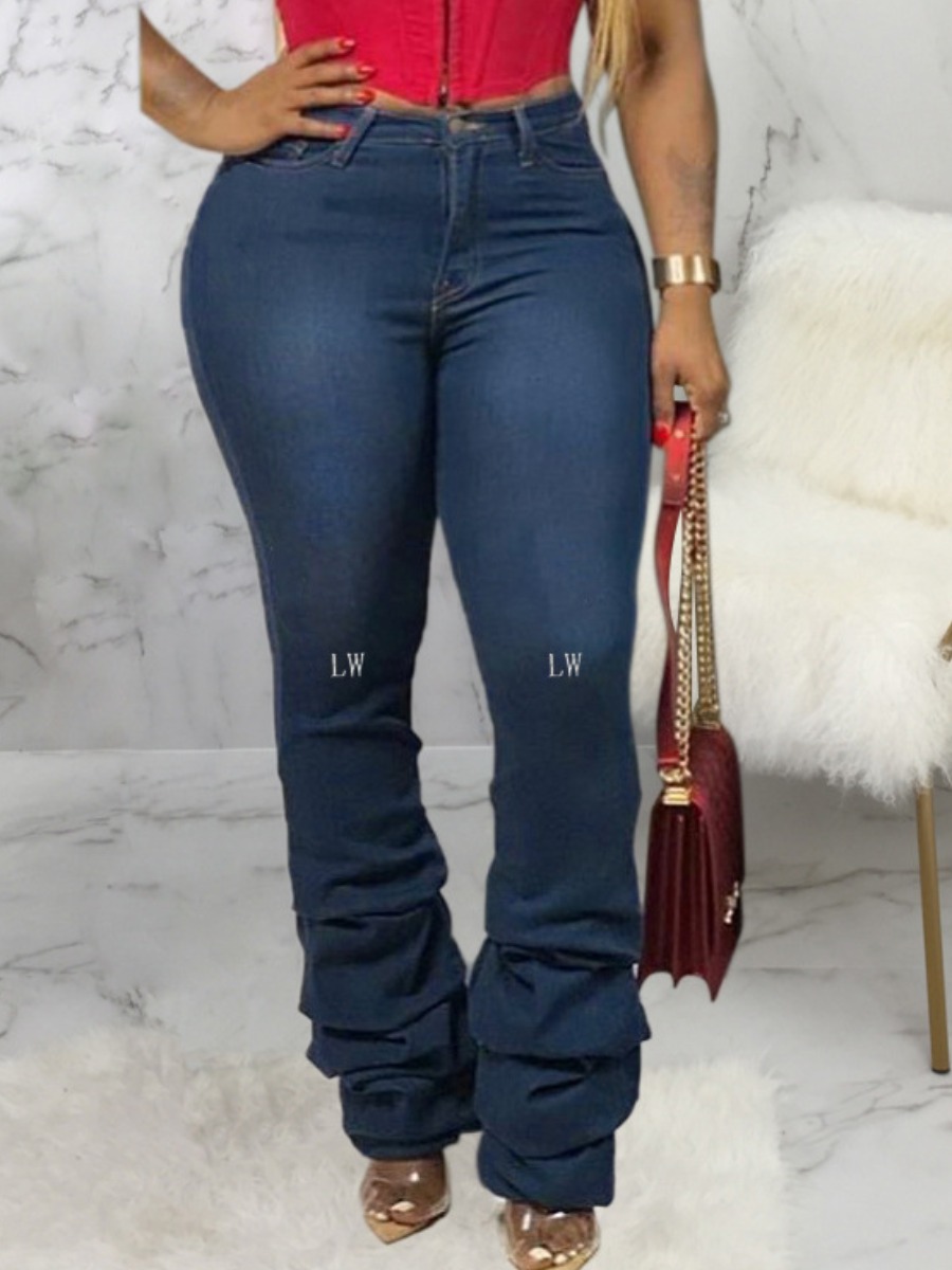 

lovely Casual Fold Design Skinny Deep Blue Jeans