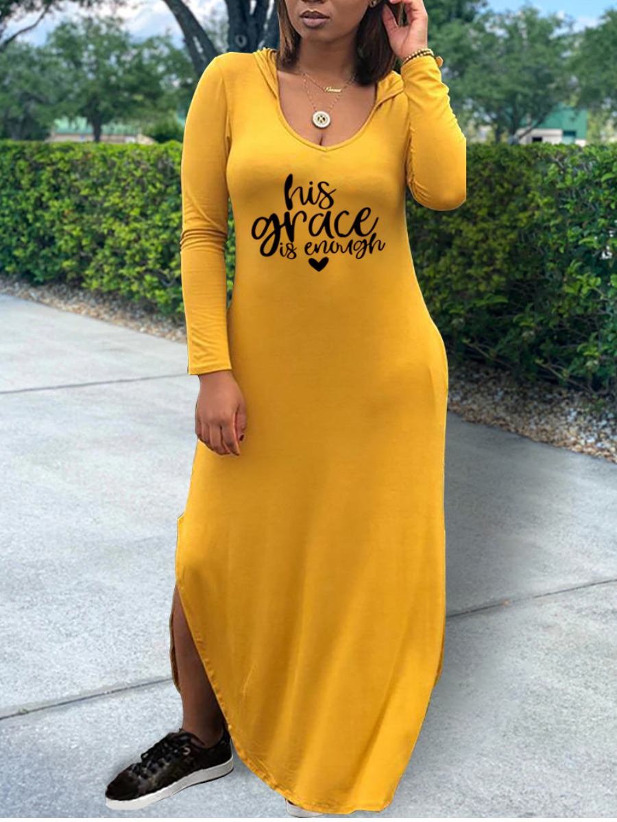 

lovely Leisure Hooded Collar Letter Print Yellow Ankle Length Dress