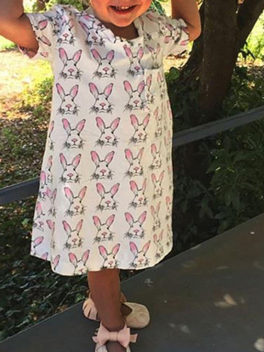 

lovely Casual O Neck Rabbit Print White Girl Knee Length Dress