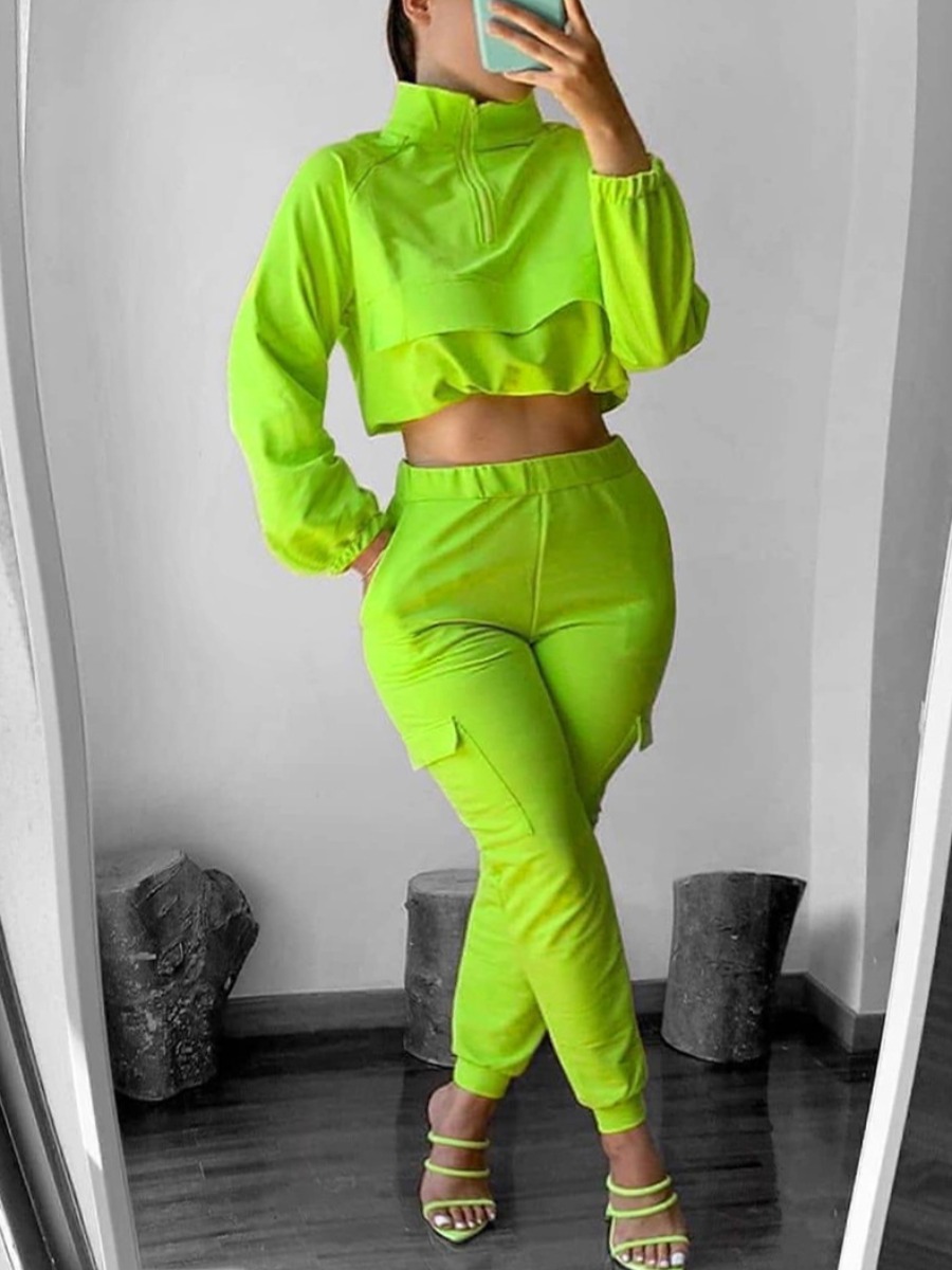 

lovely Sportswear Zipper Design Pocket Patched Green Two Piece Pants Set