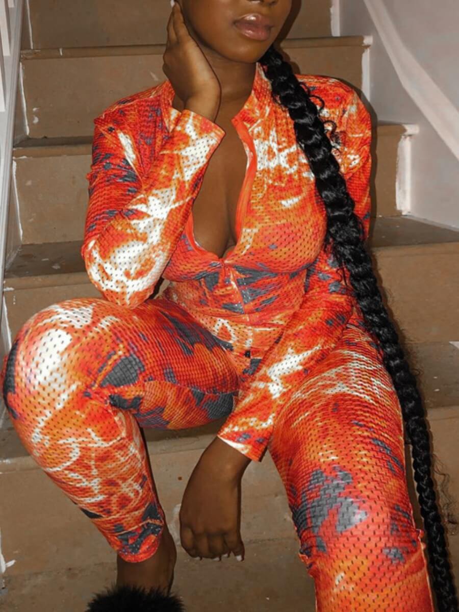 

lovely Sportswear Print Zipper Design Jacinth One-piece Jumpsuit