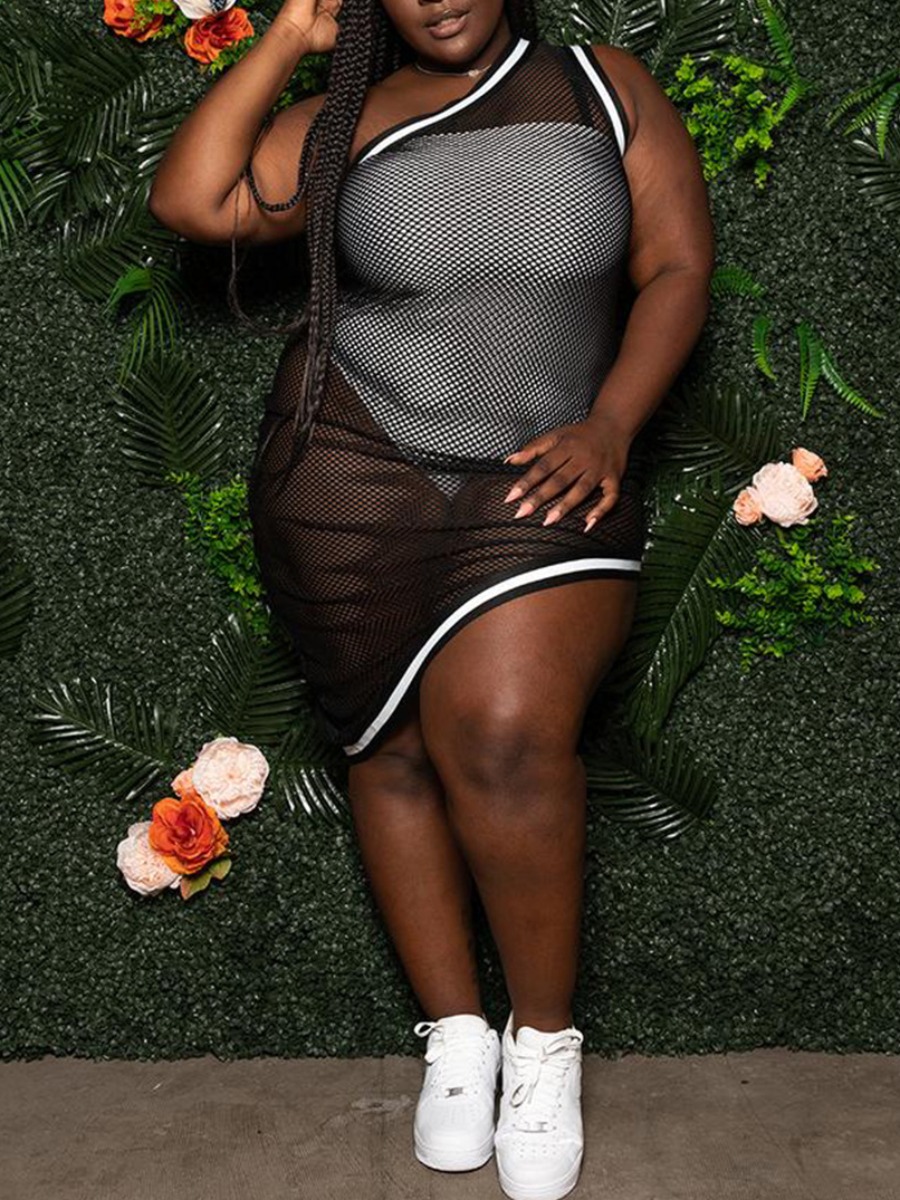 

lovely Sexy One Shoulder See-through Black Knee Length Plus Size Dress