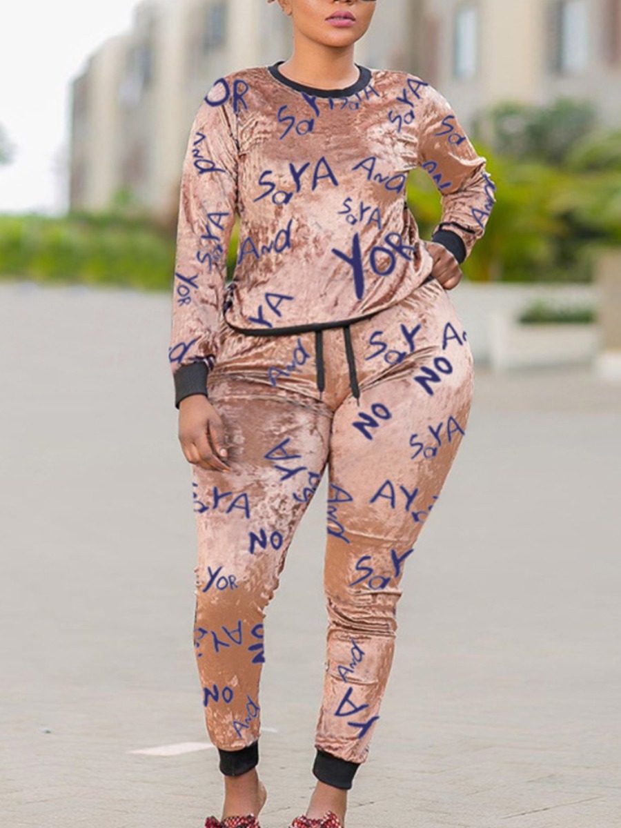 

lovely Casual O Neck Letter Print Gold Plus Size Two-piece Pants Set