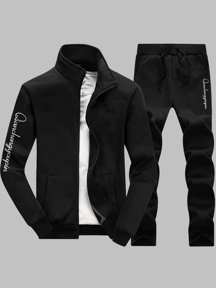 

lovely Casual Turndown Collar Letter Print Black Men Two-piece Pants Set