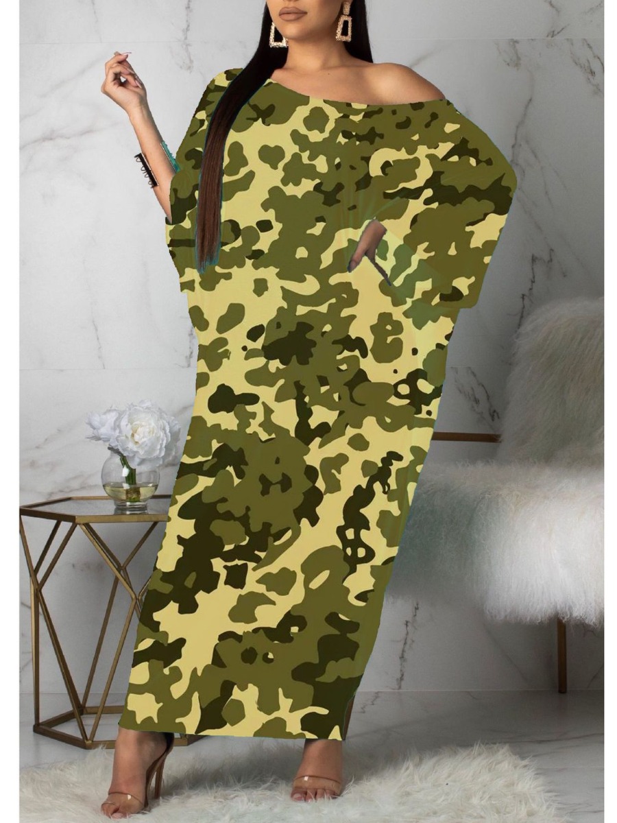 

lovely Casual Camo Print Loose Army Green Ankle Length Dress