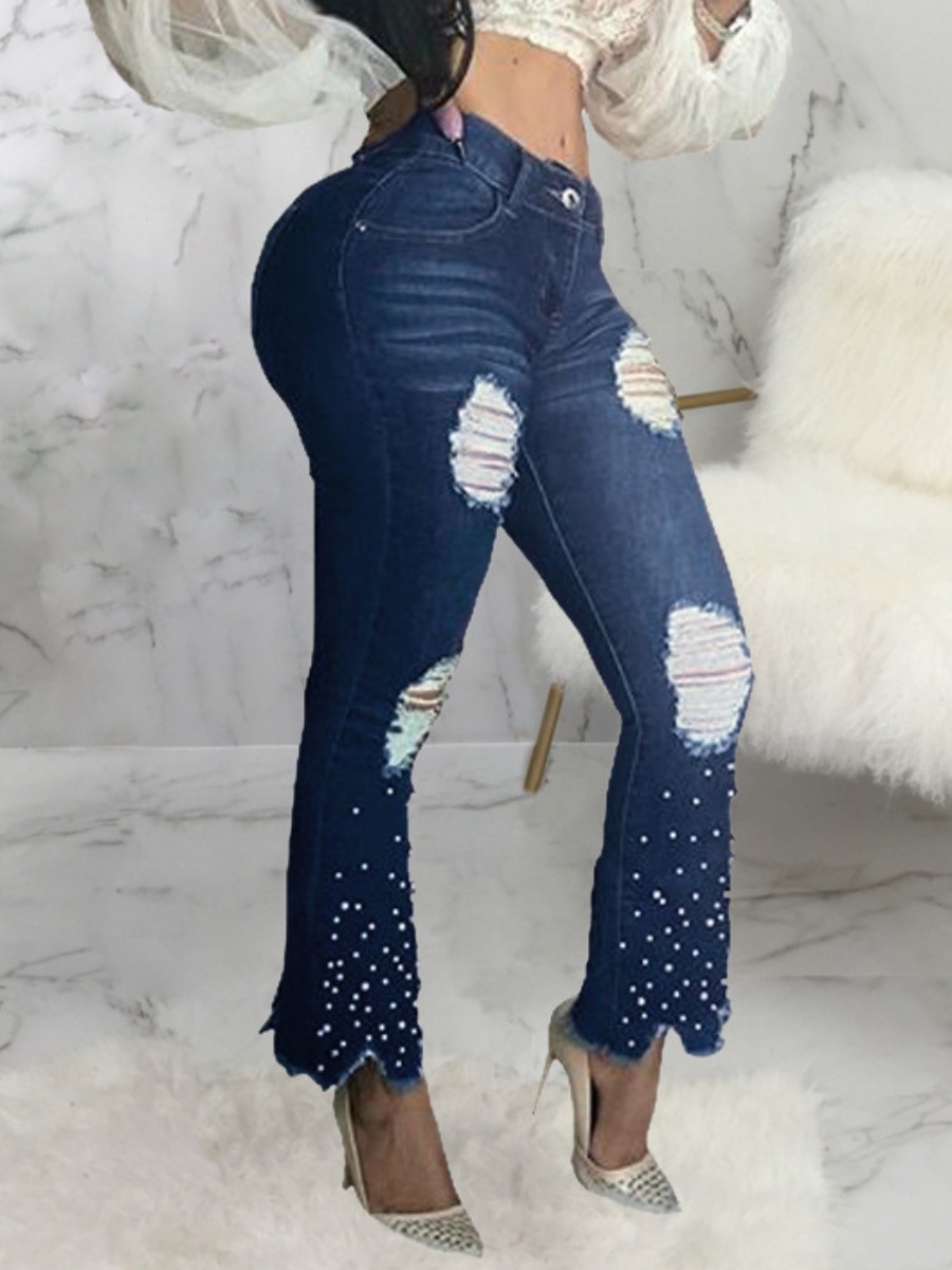 

lovely Trendy Broken Holes Pearl Decorative Deep Blue Jeans