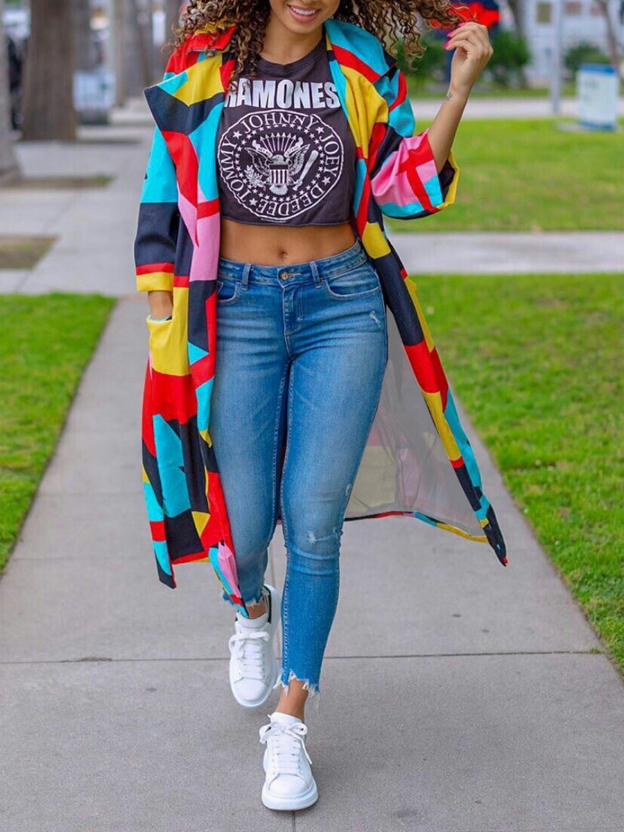 

lovely Trendy Turndown Collar Print Multicolor Long Coat, Multi
