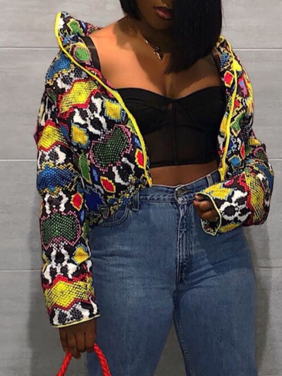 

Lovely Trendy Zipper Design Print Multicolor Coat, Multi