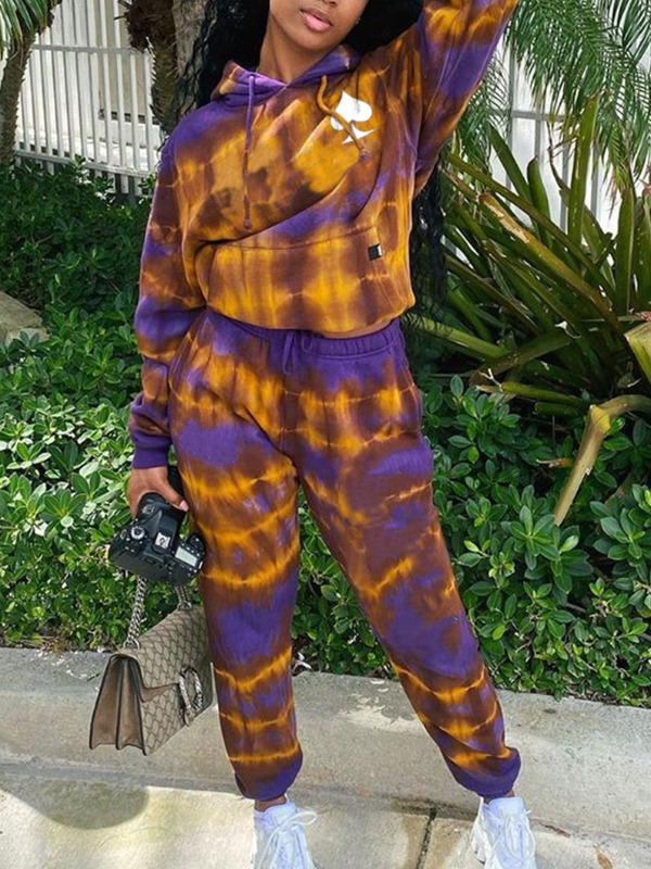 

lovely Street Hooded Collar Tie Dye Deep Yellow Two Piece Pants Set