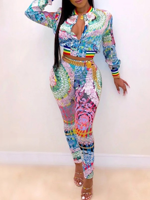

Lovely Stylish Zipper Design Print Multicolor Two Piece Pants Set, Multi