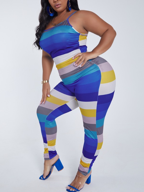 

Lovely Plus Size Trendy Rainbow Striped Blue One-piece Jumpsuit