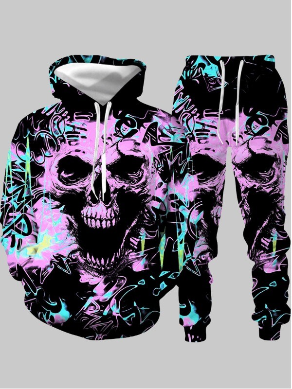 

LW Men Hooded Collar Print Multicolor Oversized Pants Set, Multi