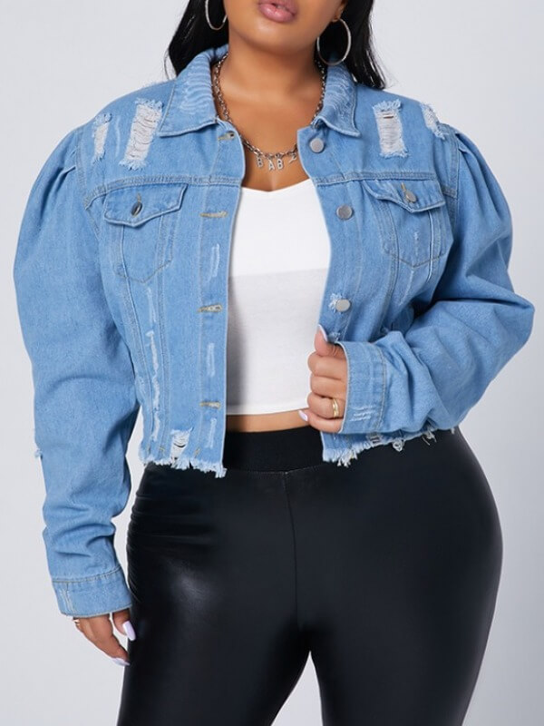 

Lovely Plus Size Street Turndown Collar Buttons Design Blue Denim Jacket