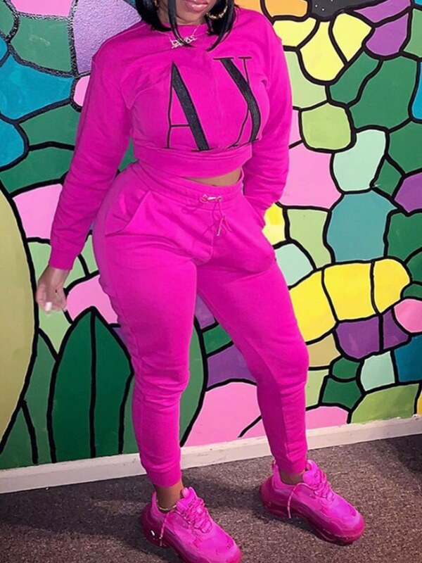 

Lovely Sportswear O Neck Letter Print Rose Red Plus Size Two-piece Pants Set