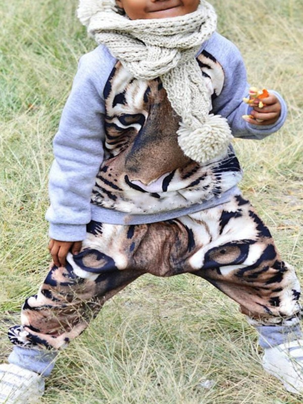

lovely Casual O Neck Print Patchwork Grey Boy Two-piece Pants Set