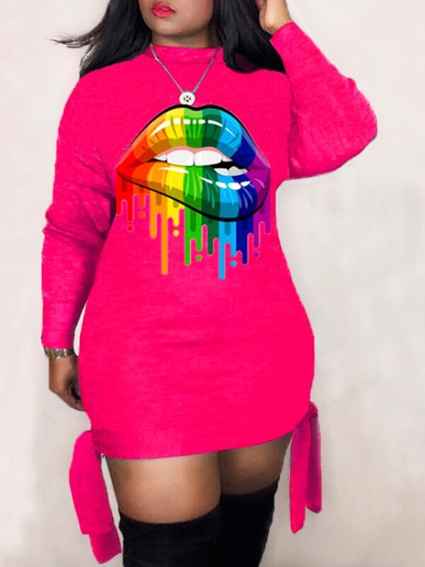 

Lovely Casual O Neck Print Rose Red Mini Dress