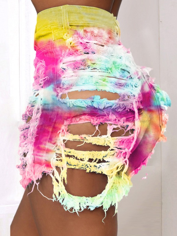 

lovely Street Tie-dye Broken Holes Yellow Plus Size Denim Shorts