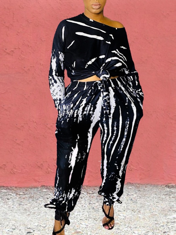 

Lovely Leisure Tie-dye Black Plus Size Two-piece Pants Set