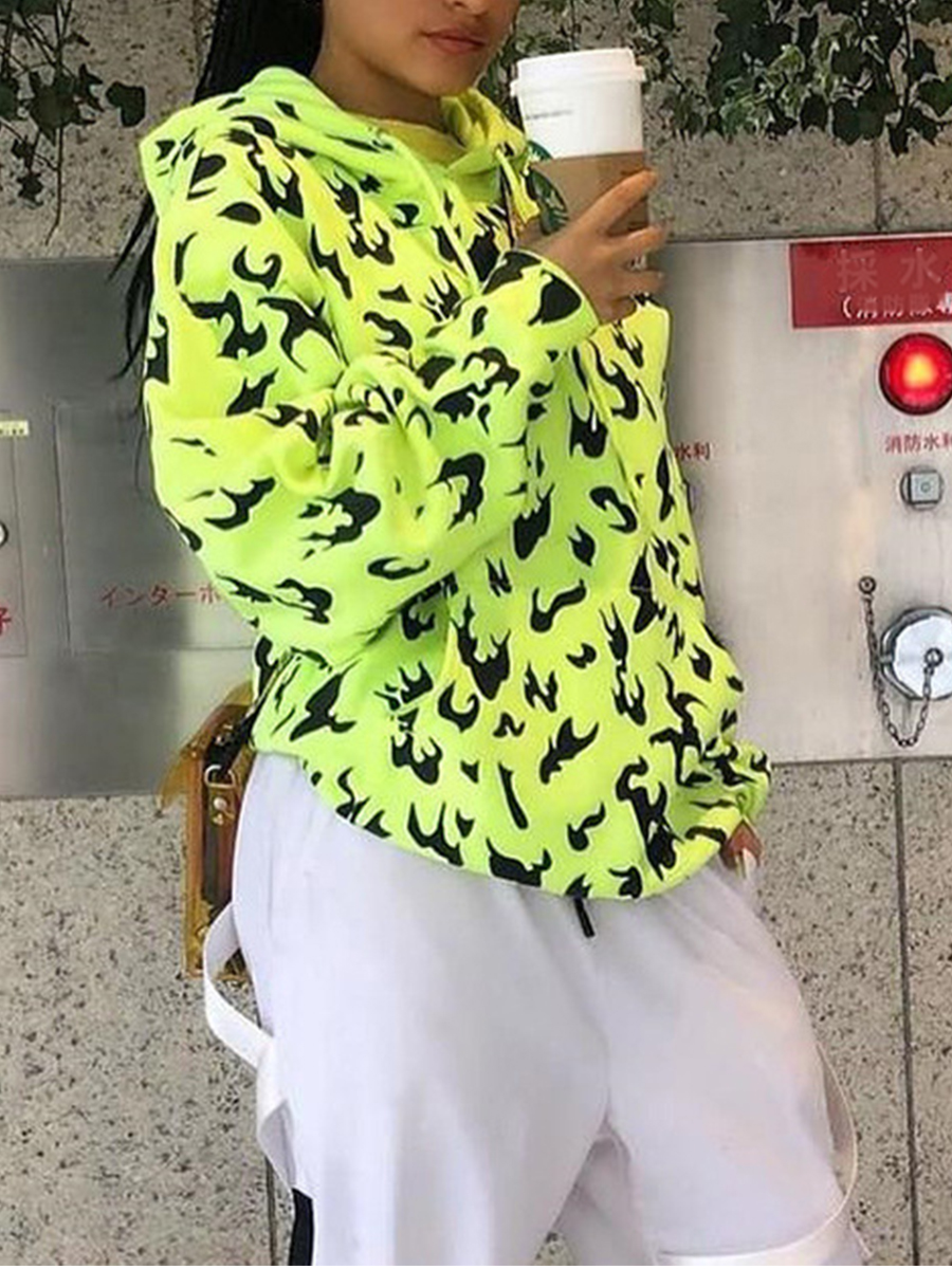 

lovely Sportswear Hooded Collar Print Green Hoodie