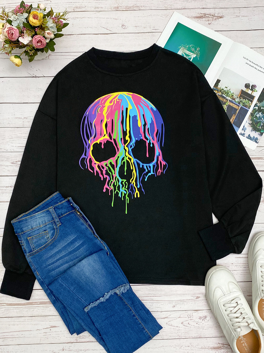 

lovely Casual O Neck Print Black Plus Size Hoodie