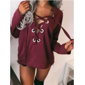 lovely Casual Bandage Design Wine Red Hoodie