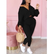 lovely Casual Zipper Design Black Plus Size Two-pi