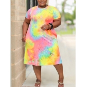Lovely Casual O Neck Tie-dye Pink Knee Length Plus