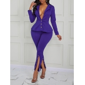 lovely Trendy Buttons Design Purple Two Piece Pant