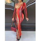 LW Stylish Deep V Neck Tie-dye Red Ankle Length Dr